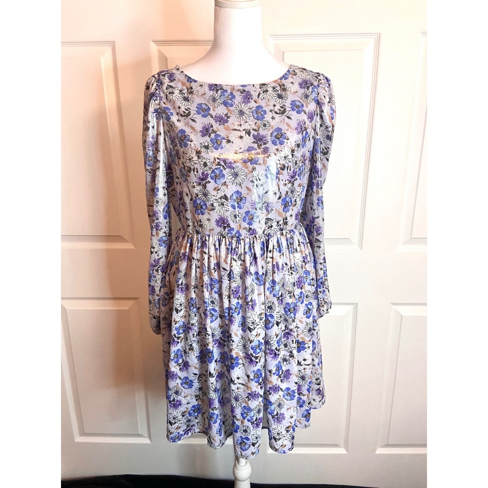 Forever 21 Purple Floral Metallic Foil Long Sleeve Babydoll Mini Dress Womens M